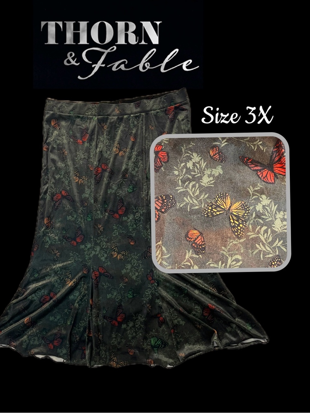 Hot Topic Thorn & Fable Velvet Butterfly Botanical Flared Skirt 3X Whimsigoth⁠